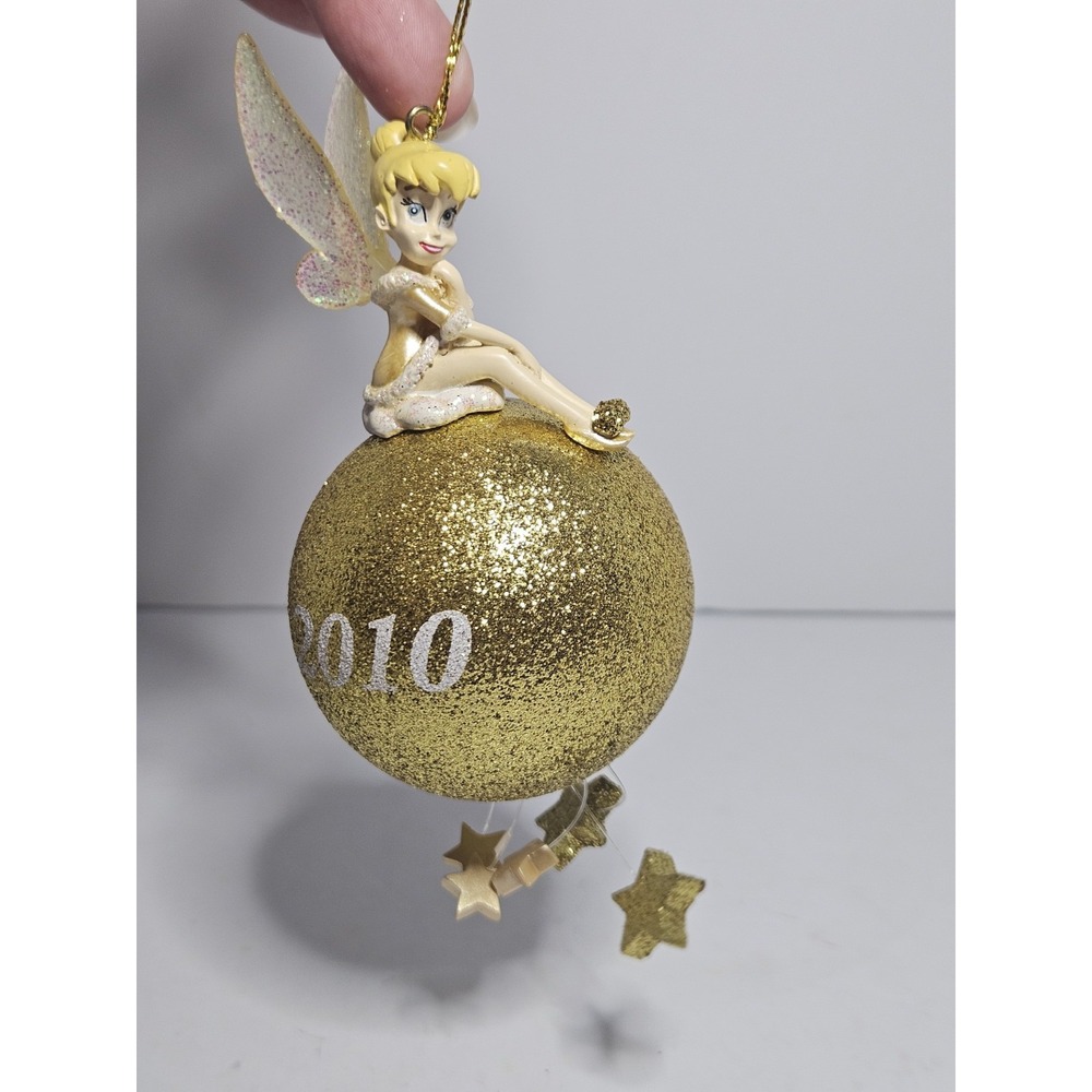 Disney Tinker Bell Christmas Ornament 2010 Gold Glitter Ball Dangling Stars Rare